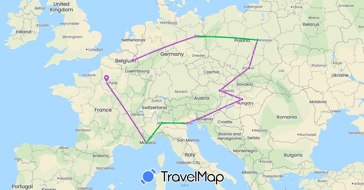 TravelMap itinerary: bus, train in Austria, Belgium, Germany, France, Hungary, Italy, Poland, Slovenia (Europe)